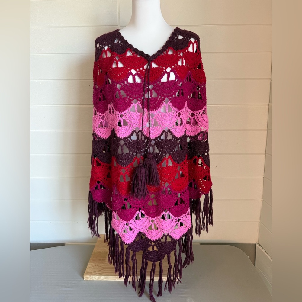 Vintage Vibrant Colorful Crochet Poncho Shrug With Tassels & Fringe Trim